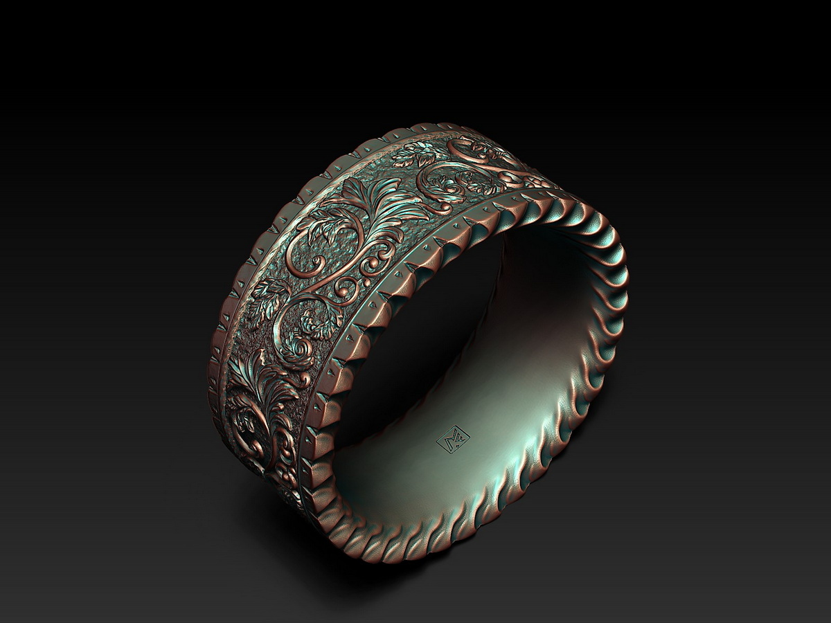 Angled view of the Floral Ring showing detailed floral relief, sculptural border, smooth inner surface, and MF maker's mark